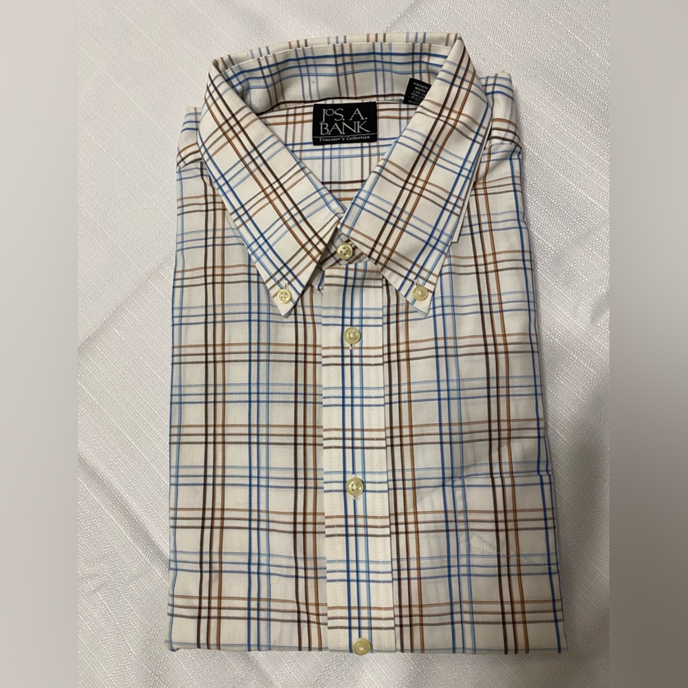 Jos. A. Bank Mens Cotton Plaid Traveler's Collection Button Down Size Large NWT